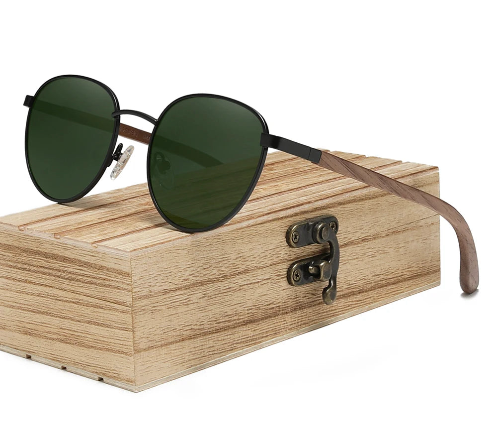Handmade Walnut Wooden Sunglasses For Men - Polarized UV400 Protection Retro Round Lenses