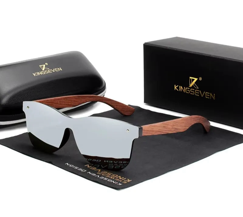 Men’s UV Polarized Mirror Lens Sunglasses - Rectangular Shaped Wooden Frames