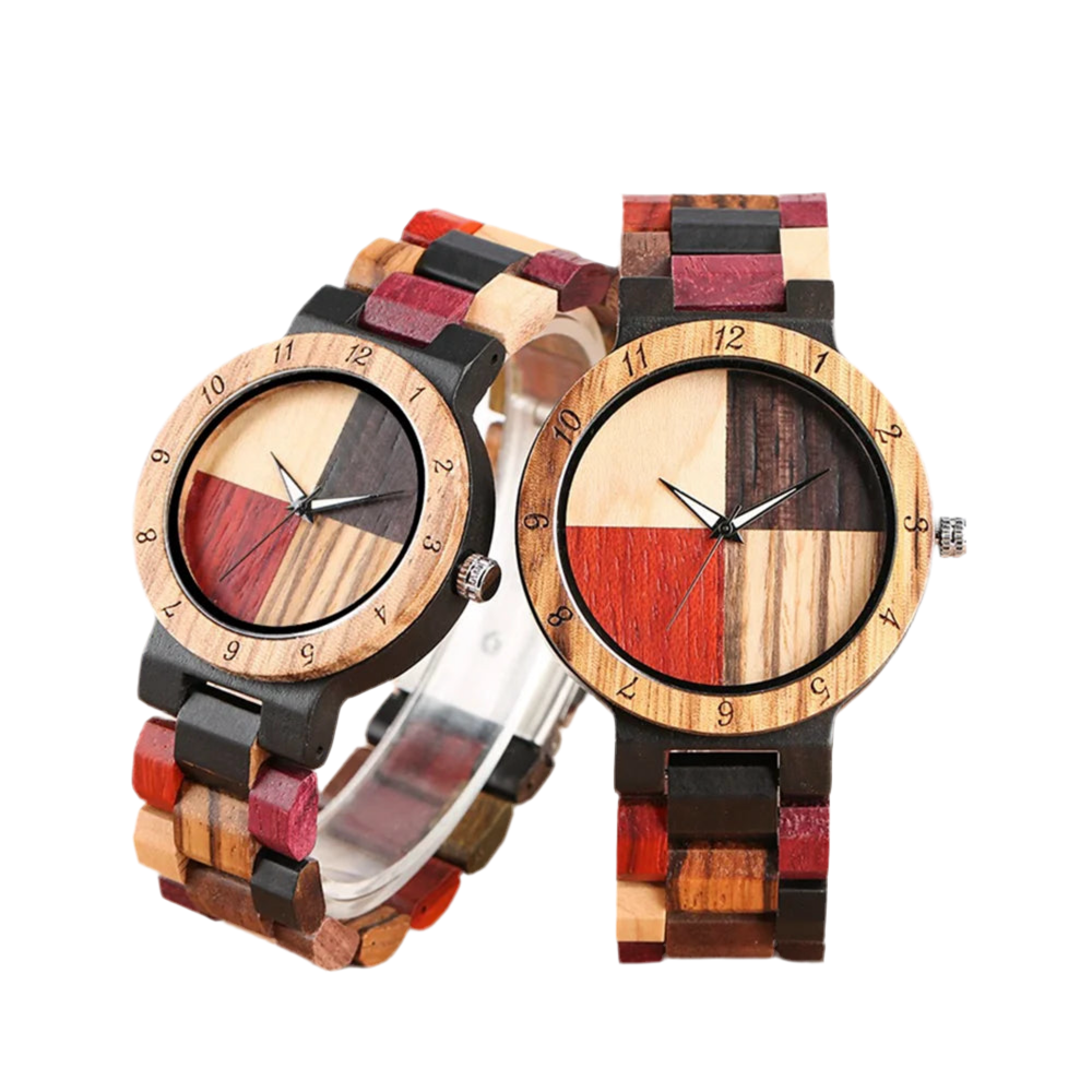 Wooden Sweetheart Couple His & Hers Watches - Quartz Movement Analog Display With Mixed Color Dials - Matching Wristwatches For Him/Him, Her/Her, Him/Her, Lovers
