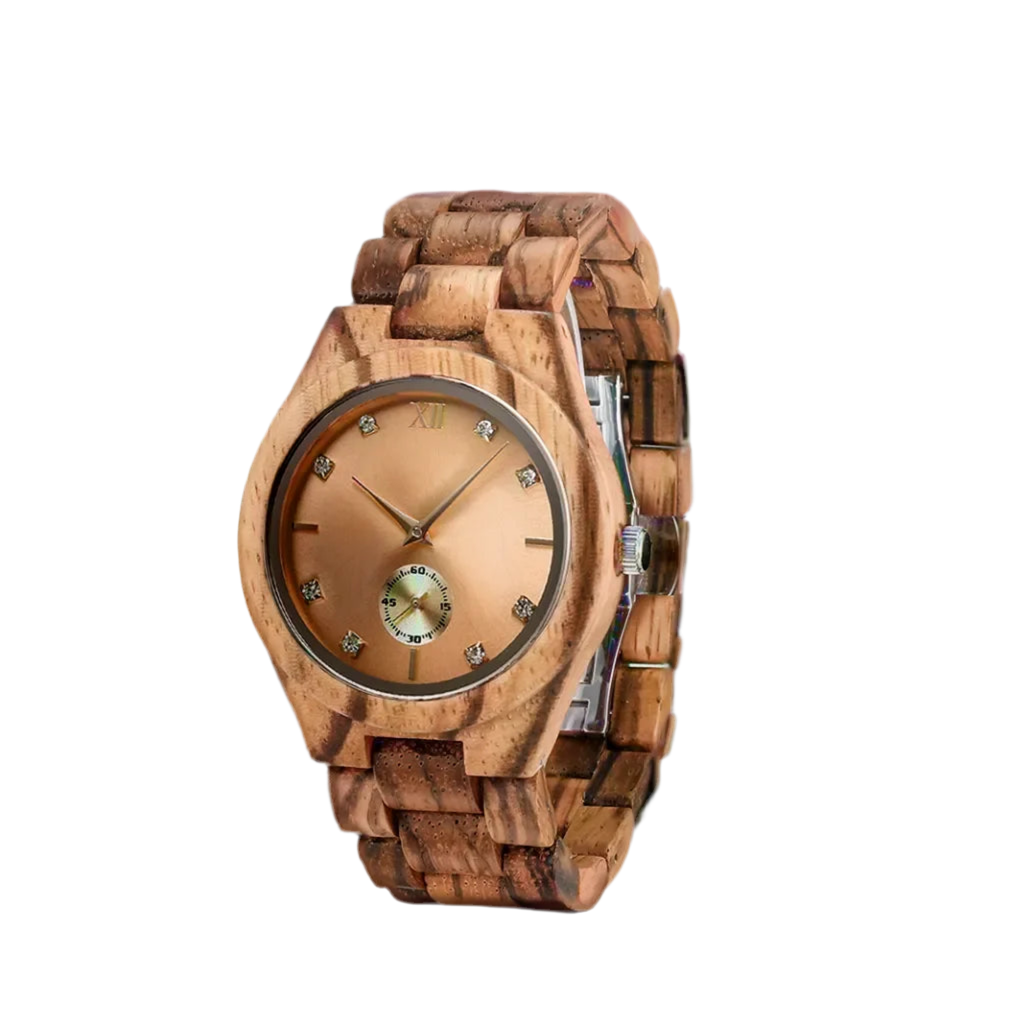 Women’s Gold Luxury Wooden Watch - Casual Fashion Wrist Watch For Women With Simulated Diamond Dial