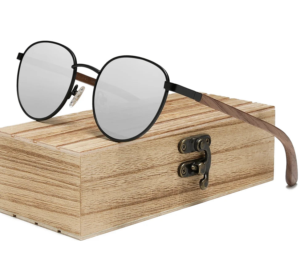 Handmade Walnut Wooden Sunglasses For Men - Polarized UV400 Protection Retro Round Lenses