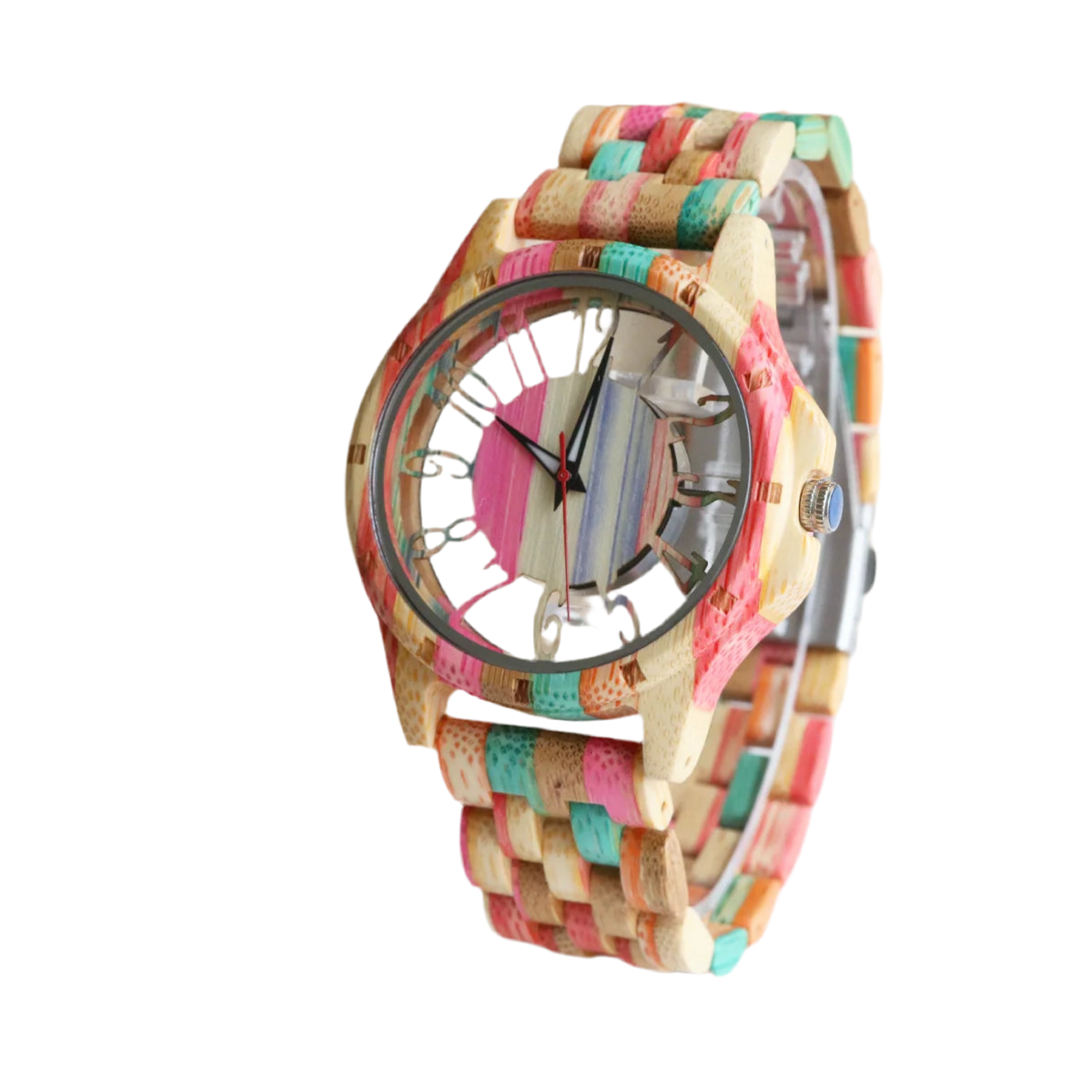 Colorful Unisex Wooden Wristwatch For Men or Women - Quartz Movement And Hollowed Out Classic Analog Face With Traditional Numbers