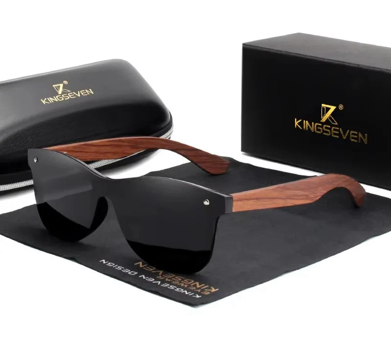 Men’s UV Polarized Mirror Lens Sunglasses - Rectangular Shaped Wooden Frames
