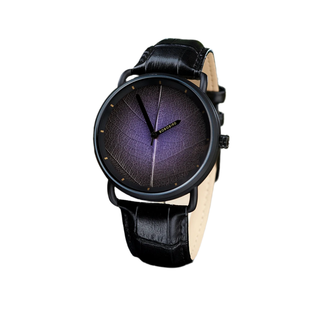 Unisex Wooden Watch With Real Leaf Dial Pattern - Fashion Wristwatch With Genuine Leather Strap For Men or Women