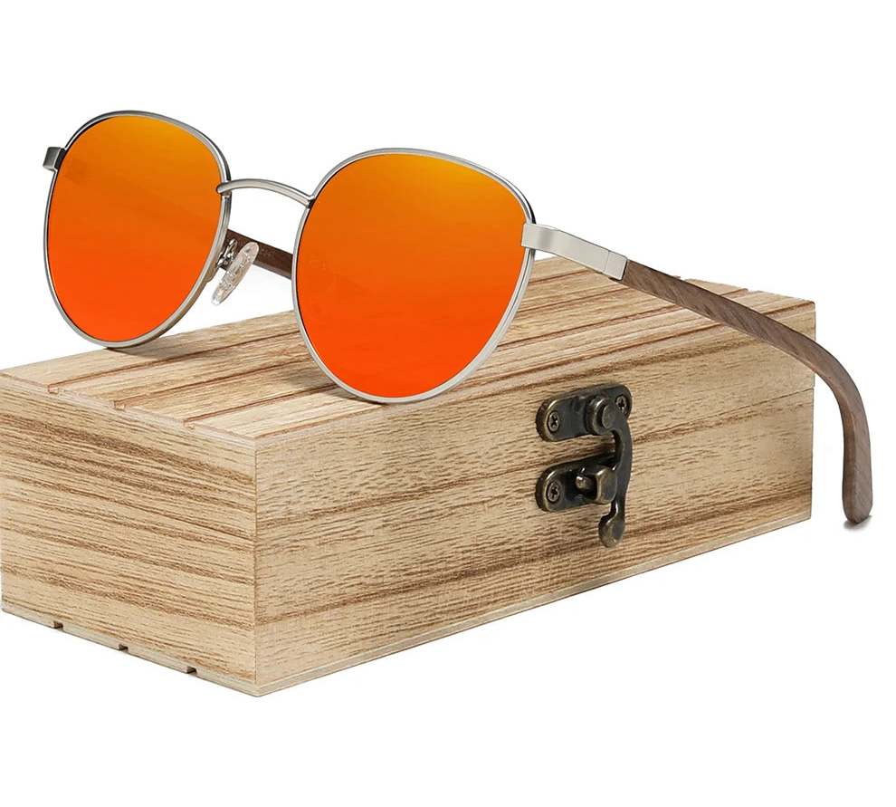 Handmade Walnut Wooden Sunglasses For Men - Polarized UV400 Protection Retro Round Lenses