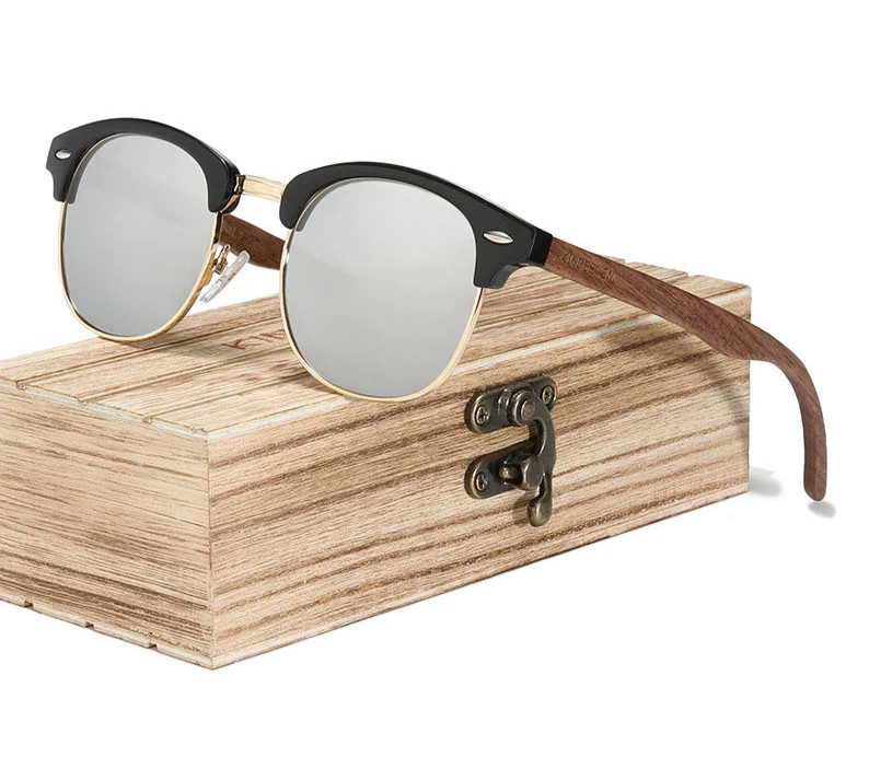 Retro Fashion Sunglasses For Men - Walnut Wooden Frames With Polarized UV400 HD Lenses