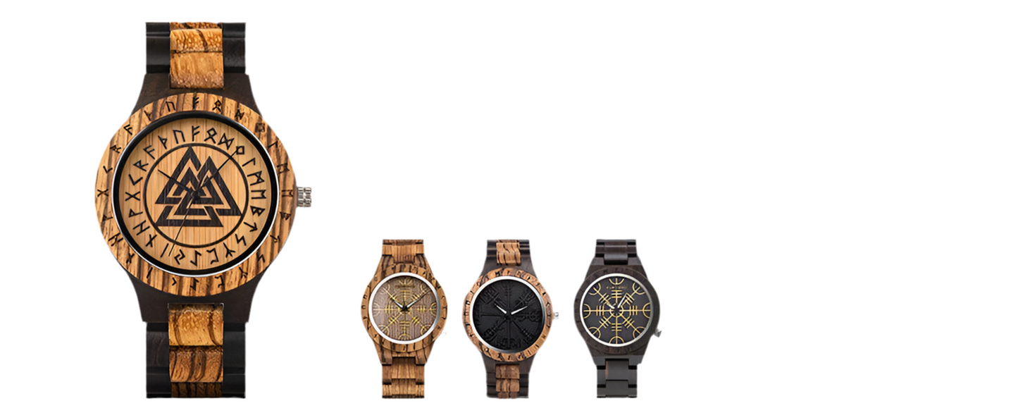 Men's Handmade Wooden Wristwatch - Viking Style Carved Round Face - Quartz Movement