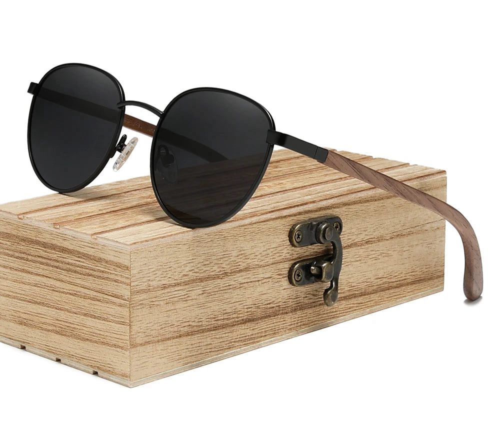 Handmade Walnut Wooden Sunglasses For Men - Polarized UV400 Protection Retro Round Lenses