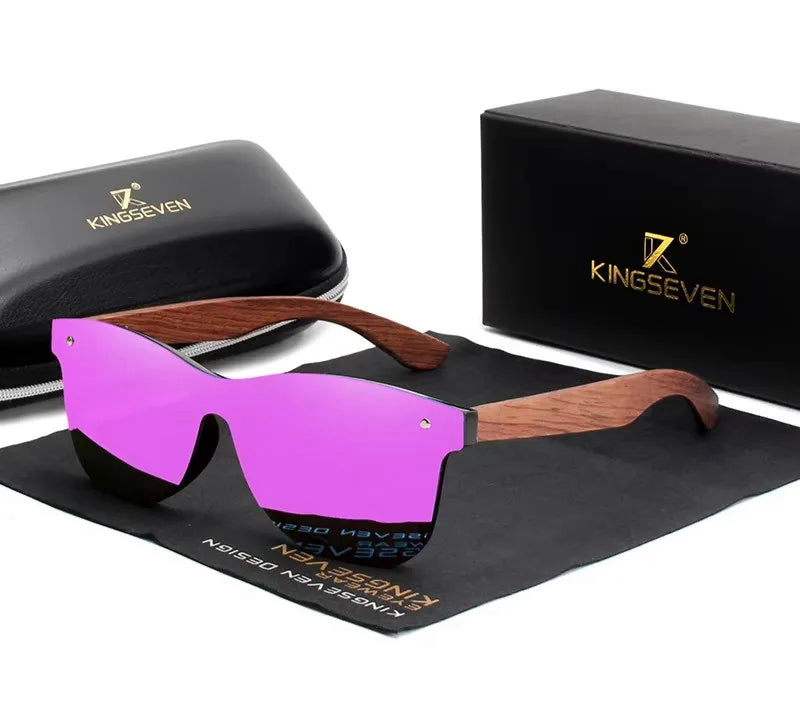 Men’s UV Polarized Mirror Lens Sunglasses - Rectangular Shaped Wooden Frames