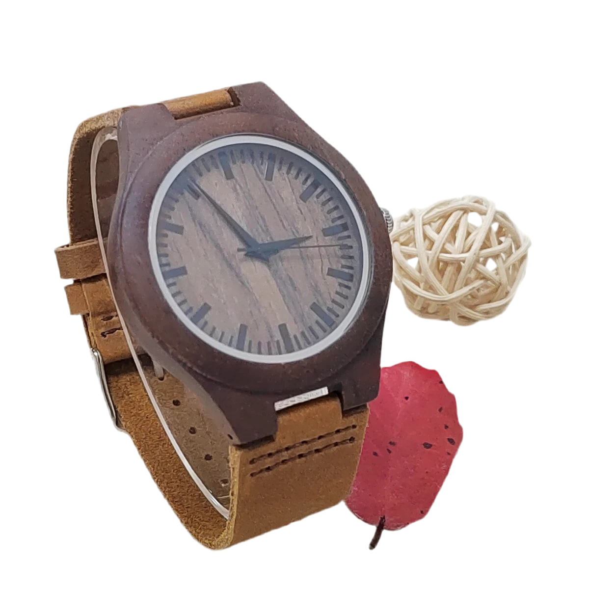 Unisex Classic Analog Face Wooden Wristwatch For Men or Women - Quartz Movement With Leather Strap