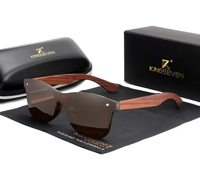 Men’s UV Polarized Mirror Lens Sunglasses - Rectangular Shaped Wooden Frames