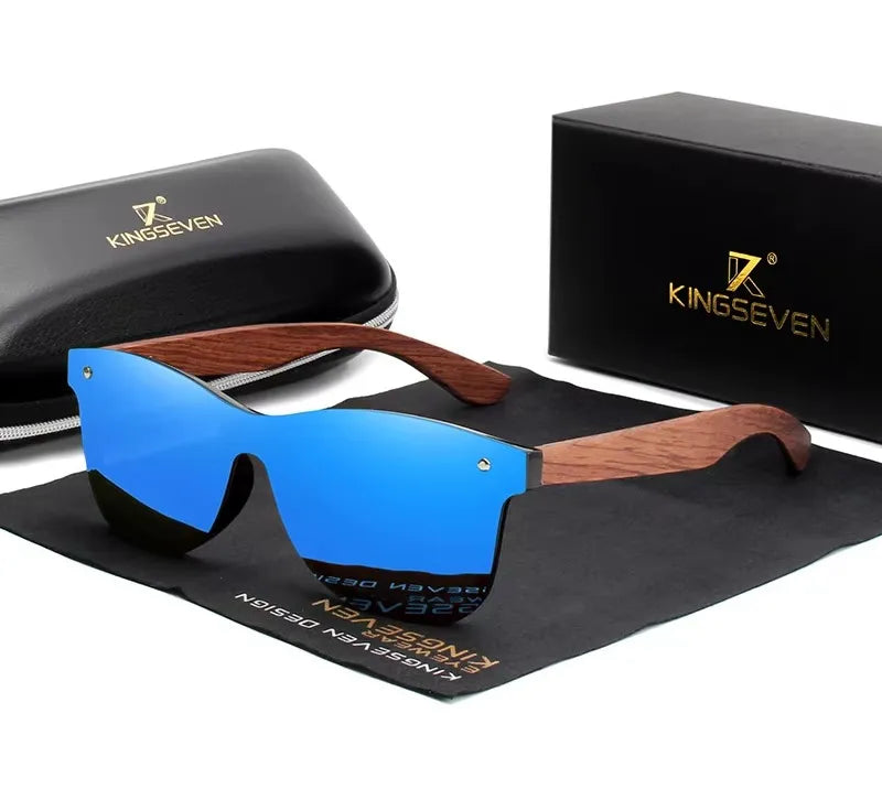 Men’s UV Polarized Mirror Lens Sunglasses - Rectangular Shaped Wooden Frames
