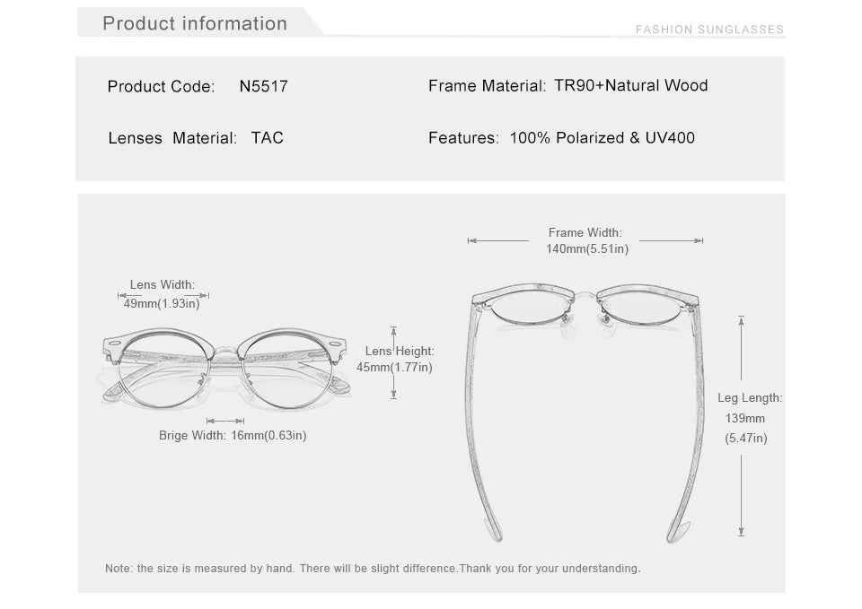 Men’s Polarized Wooden Sunglasses - UV400 Protection With Round Cat Eye Lenses