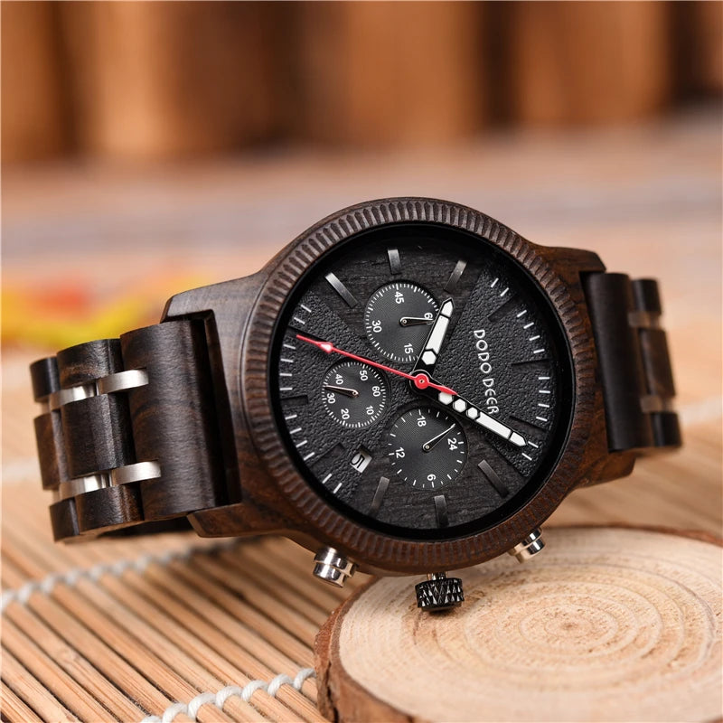 Men’s Chronographic Wooden Sports Watch - Date And Time Analog Display With Round Face