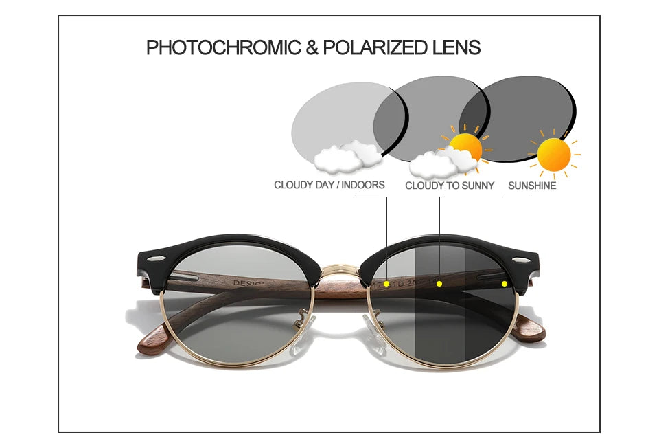 Men’s Polarized Wooden Sunglasses - UV400 Protection With Round Cat Eye Lenses