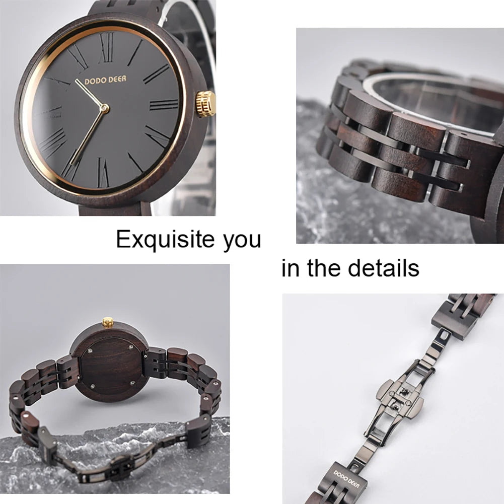 Fashion Ebony Wooden Watch For Women - Round Analog Face With Roman Numerals