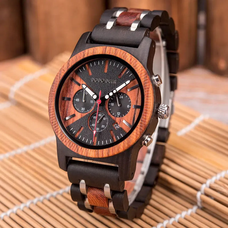 Men’s Chronographic Wooden Sports Watch - Date And Time Analog Display With Round Face