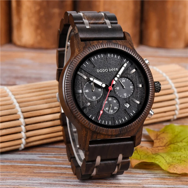 Men’s Chronographic Wooden Sports Watch - Date And Time Analog Display With Round Face