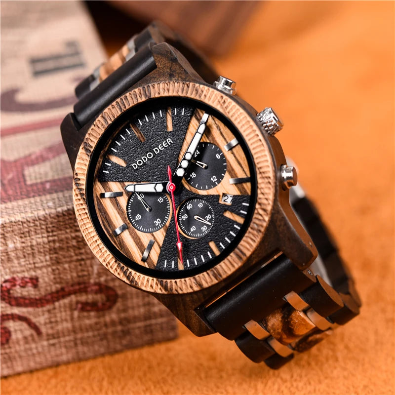 Men’s Chronographic Wooden Sports Watch - Date And Time Analog Display With Round Face