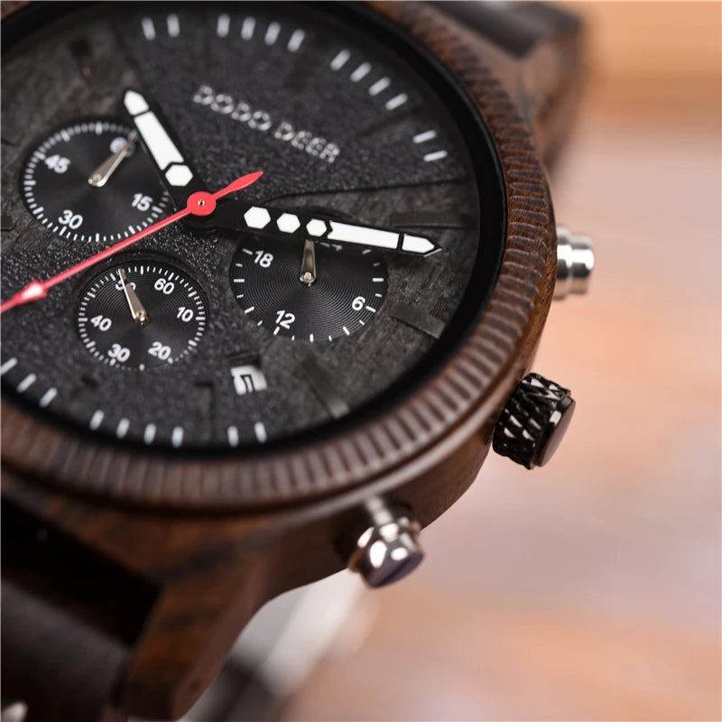 Men’s Chronographic Wooden Sports Watch - Date And Time Analog Display With Round Face