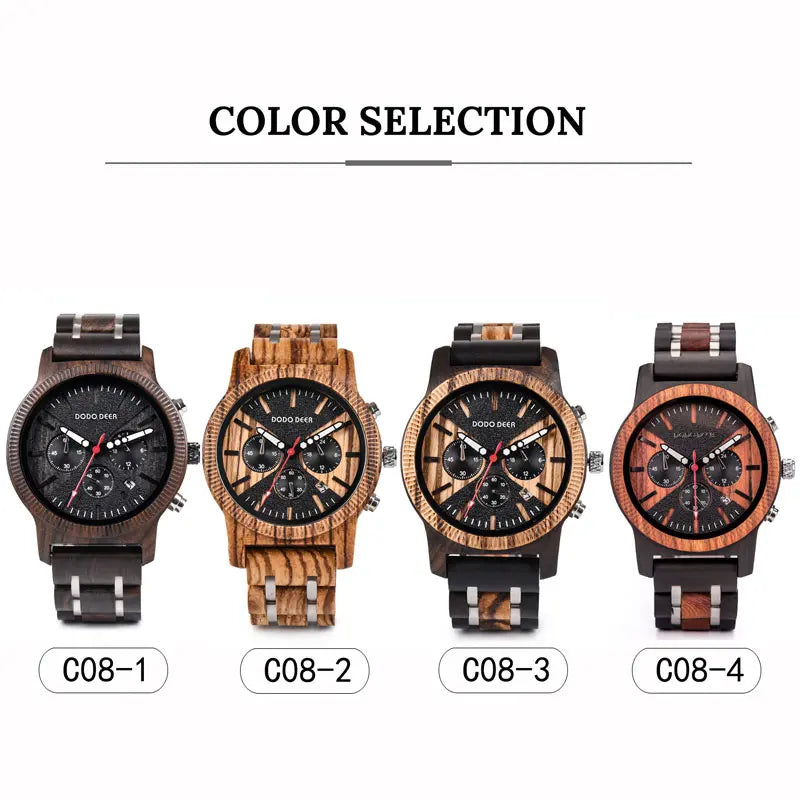 Men’s Chronographic Wooden Sports Watch - Date And Time Analog Display With Round Face