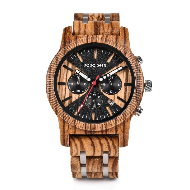 Men’s Chronographic Wooden Sports Watch - Date And Time Analog Display With Round Face