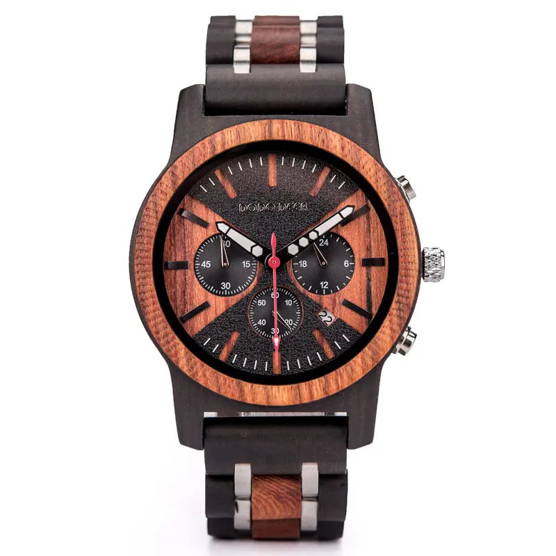 Men’s Chronographic Wooden Sports Watch - Date And Time Analog Display With Round Face