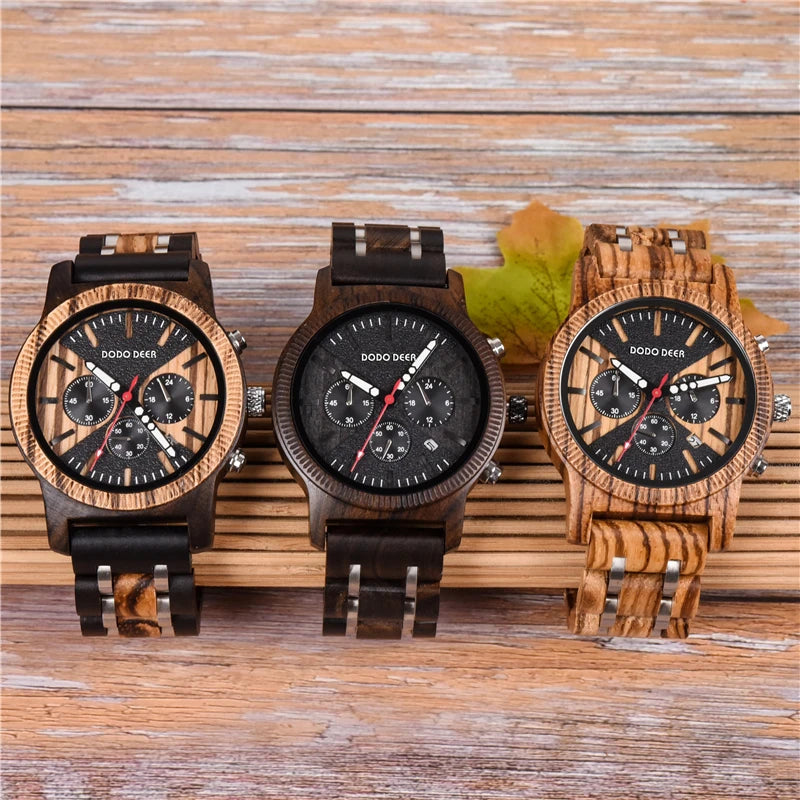 Men’s Chronographic Wooden Sports Watch - Date And Time Analog Display With Round Face