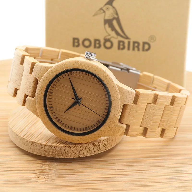 Women's Bamboo Wooden Wrist Watch With Full Wood Links Ladies Unique Casual Quartz Watch
