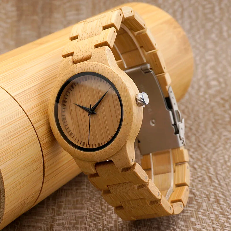 Women's Bamboo Wooden Wrist Watch With Full Wood Links Ladies Unique Casual Quartz Watch