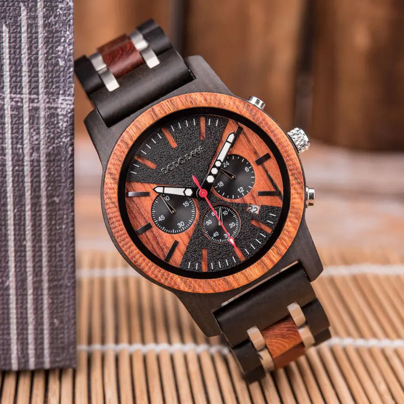 Men’s Chronographic Wooden Sports Watch - Date And Time Analog Display With Round Face