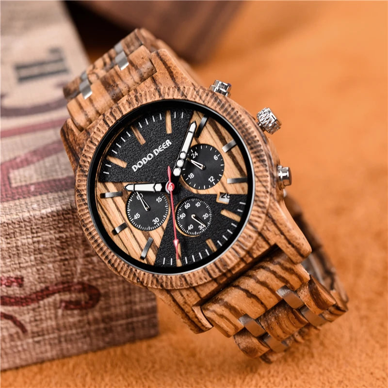 Men’s Chronographic Wooden Sports Watch - Date And Time Analog Display With Round Face