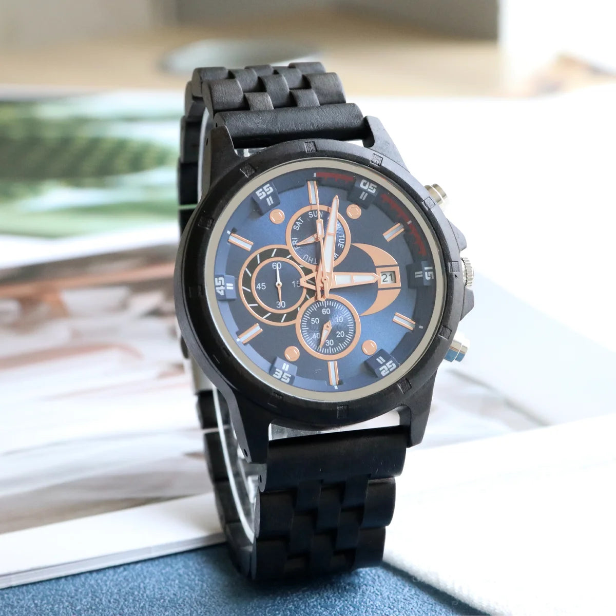 Men’s Sports Wooden Wrist Watch - Multifunction Analog Face & Quartz Movement