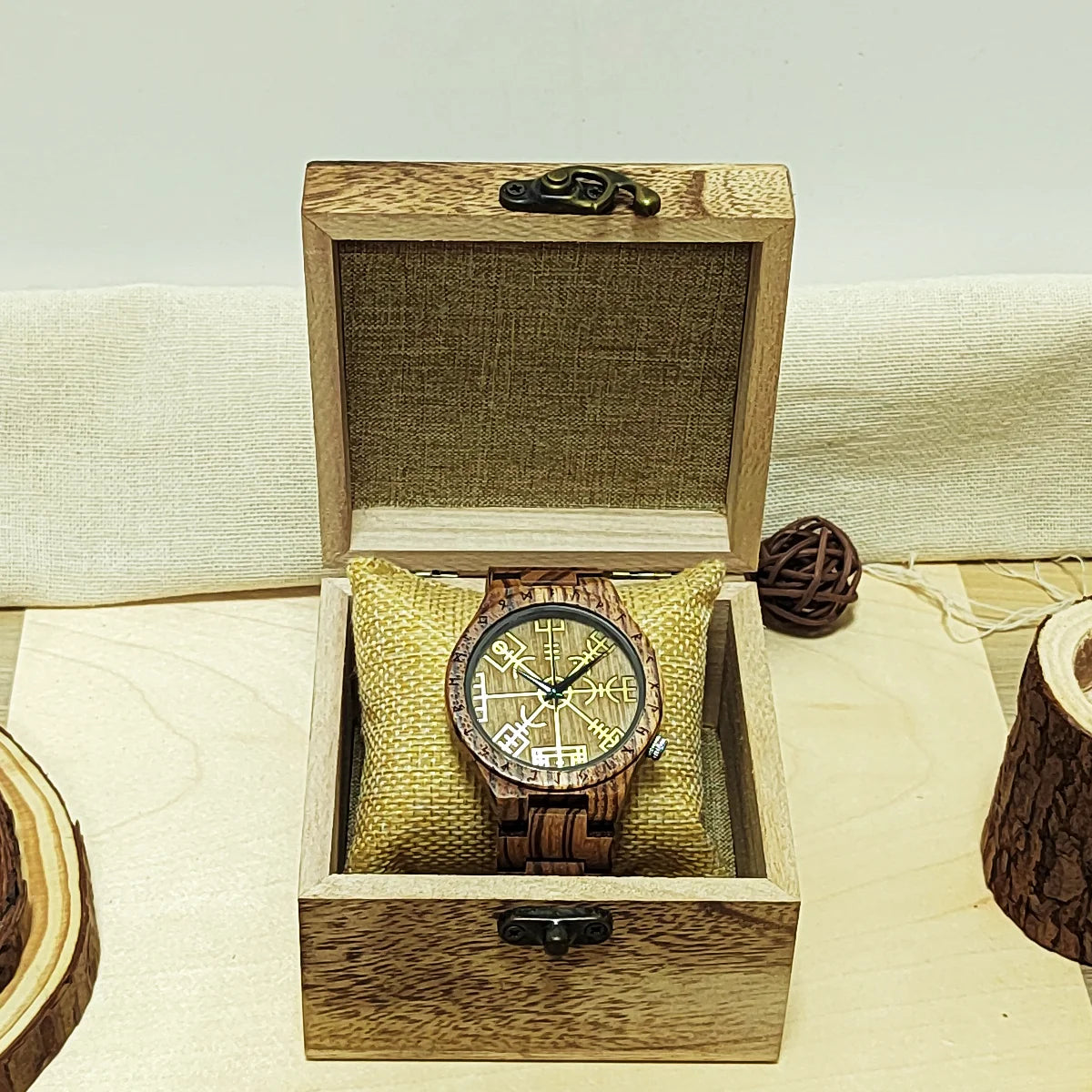 Men's Wooden Wrist Watch With Gold Viking Symbol Face - Analog Quartz Movement Timepiece