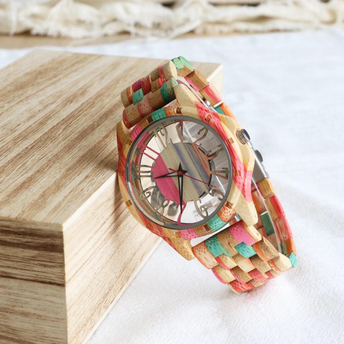 Colorful Unisex Wooden Wristwatch For Men or Women - Quartz Movement And Hollowed Out Classic Analog Face With Traditional Numbers