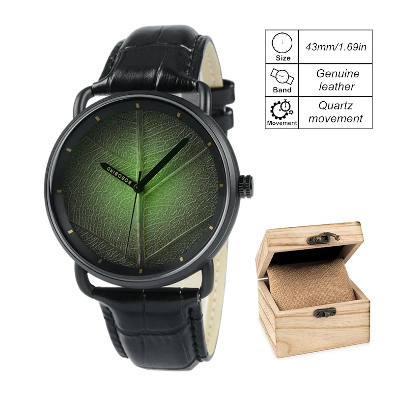 Unisex Wooden Watch With Real Leaf Dial Pattern - Fashion Wristwatch With Genuine Leather Strap For Men or Women