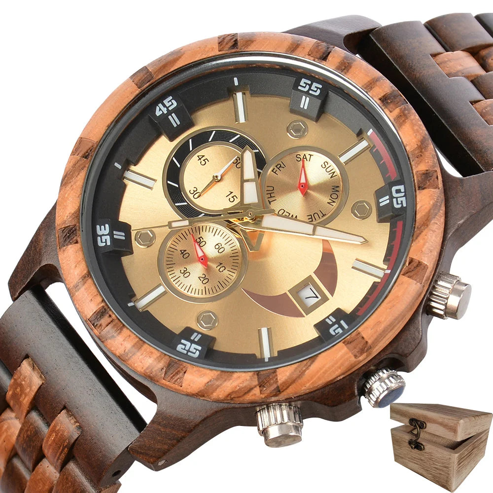 Men’s Sports Fashion Wooden Watch - Chronographic Analog Face With Luminous Hands