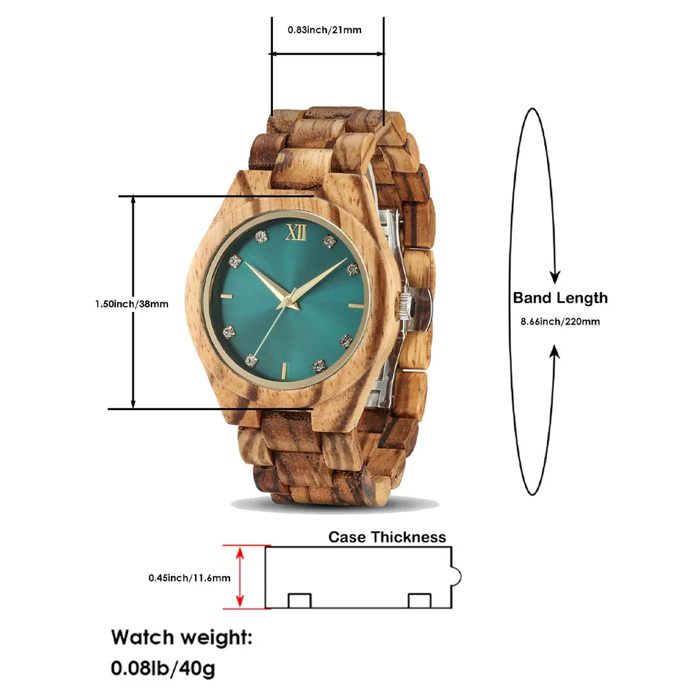 Women’s Wooden Watch With Decorative Rhinestones - Natural Wood Dial And Bracelet Wristwatch For Ladies