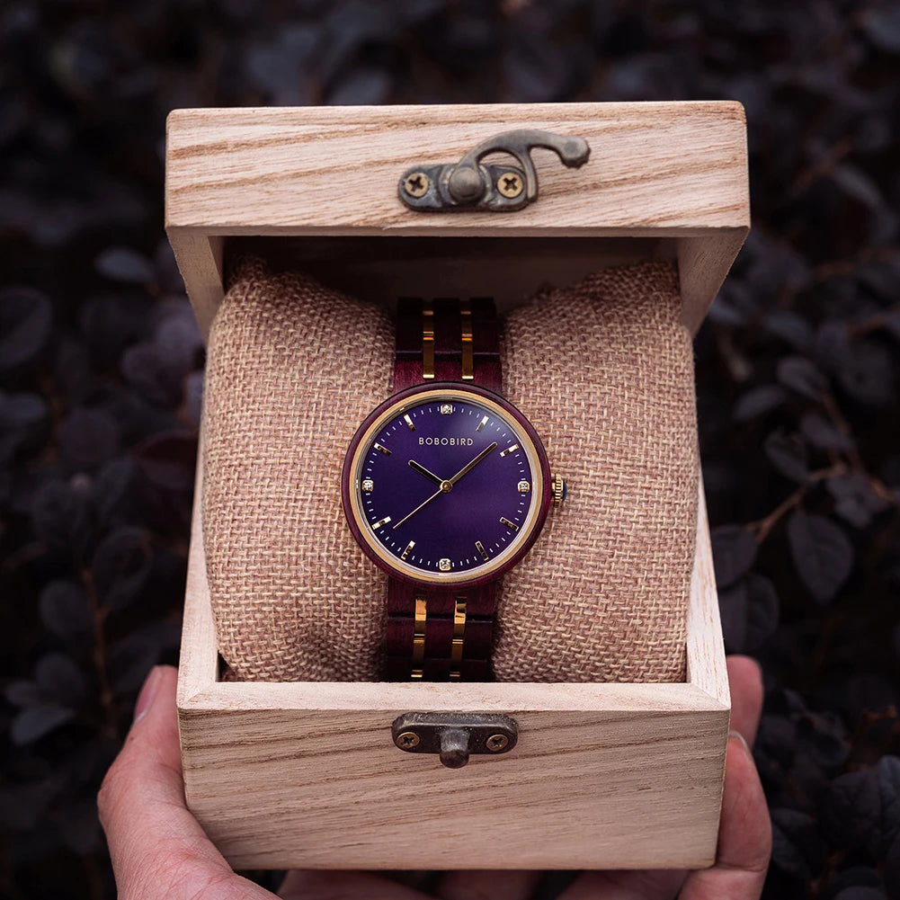 Women's Wooden Watch - Round Analog Face & Quartz Movement With Gift Box
