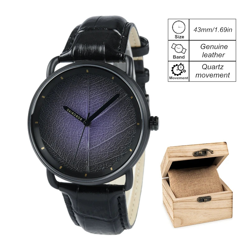 Unisex Wooden Watch With Real Leaf Dial Pattern - Fashion Wristwatch With Genuine Leather Strap For Men or Women