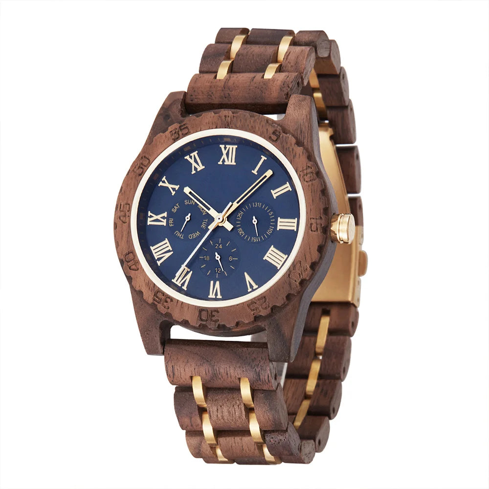 Classic Analog Wooden Wrist Watch For Men - Roman Numerals Face Quartz Movement With Day Of Week Display
