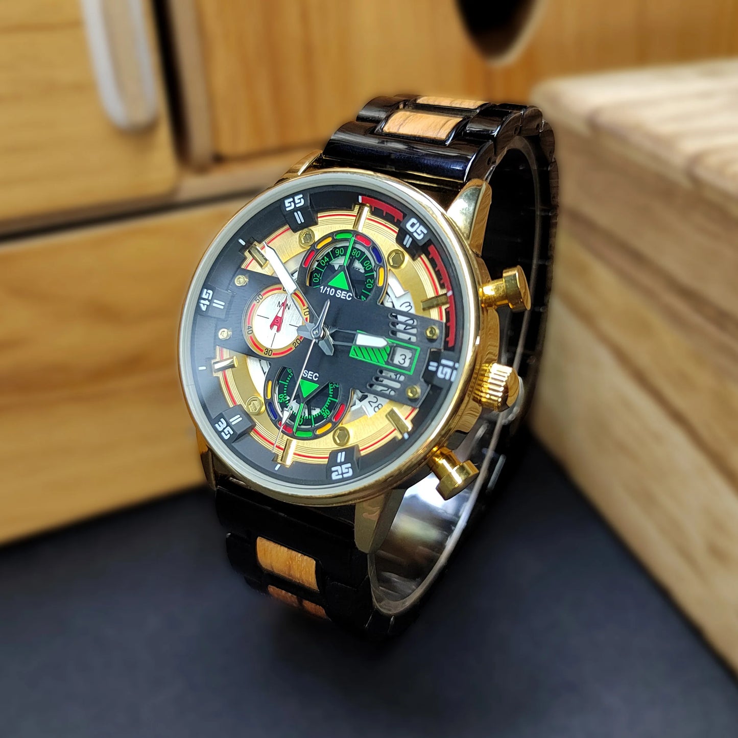 Men’s Wooden Watch With Unique Chronographic Design - Quartz Movement Sports Style