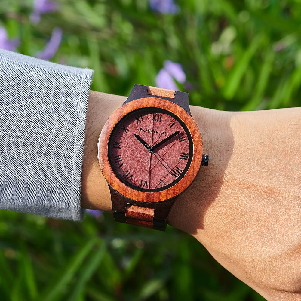 Unisex Wooden Watch With Leaf Dial Design - Classic Analog Quartz Movement Casual Dress Wristwatch for Men & Women