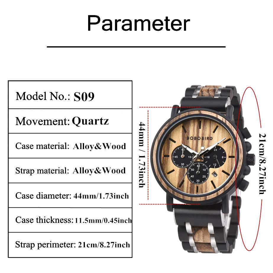 Men's Wooden Wristwatch With Auto Date Chronographic Face