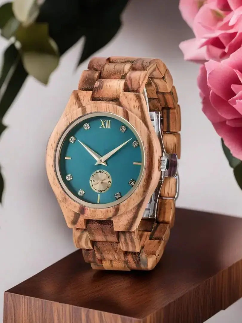 Women’s Gold Luxury Wooden Watch - Casual Fashion Wrist Watch For Women With Simulated Diamond Dial