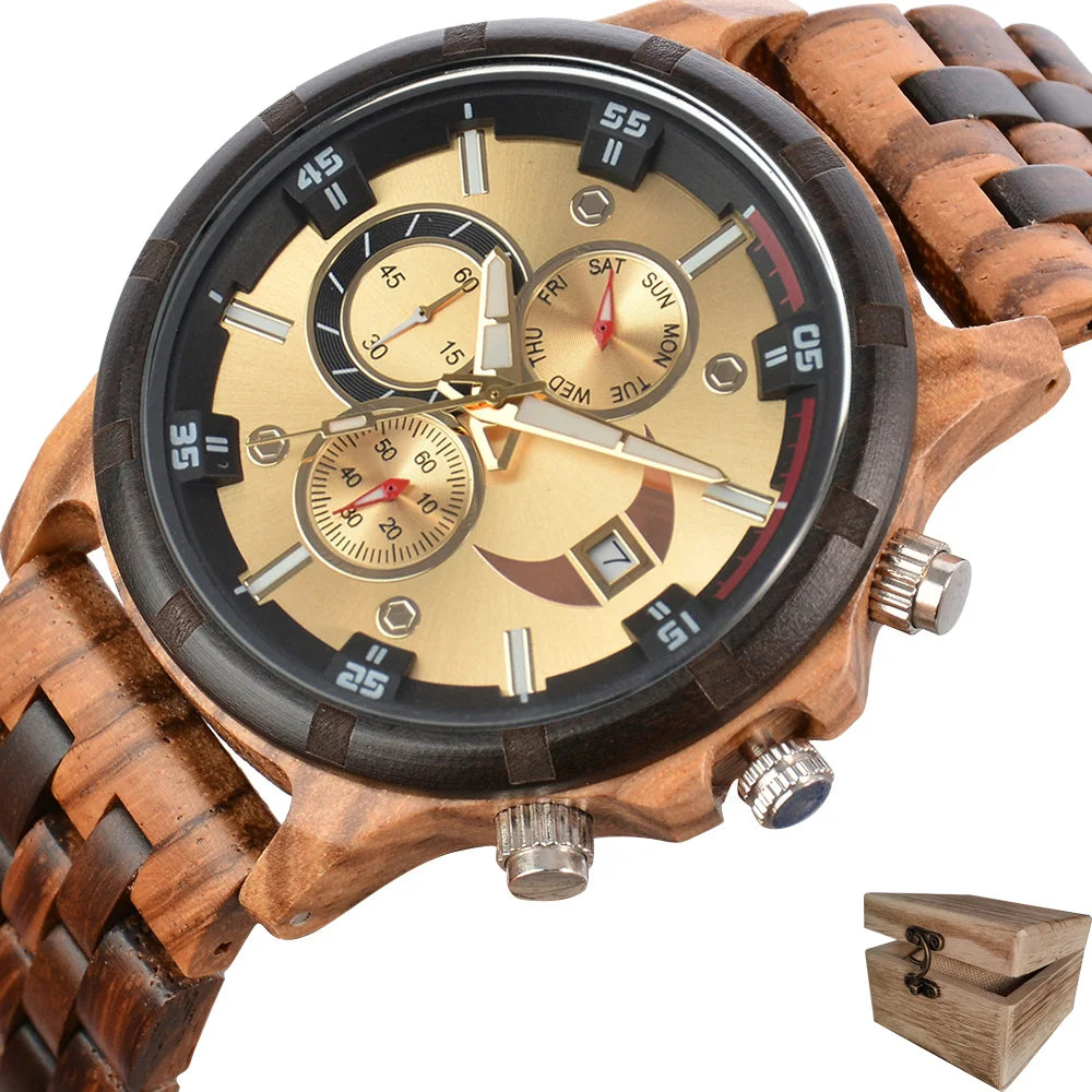 Men’s Sports Fashion Wooden Watch - Chronographic Analog Face With Luminous Hands