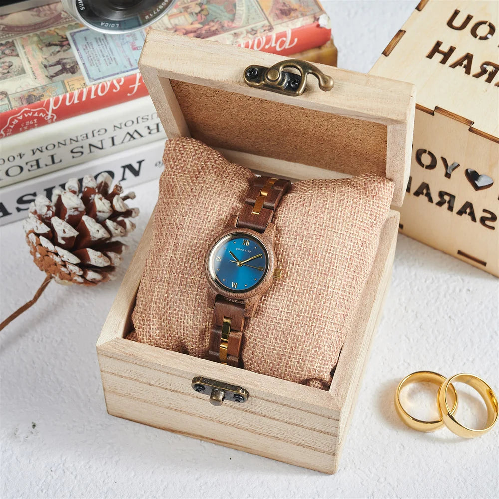 Women's Round Face Wooden Watch Fashion Quartz Watch for Ladies With Paper Gift Box