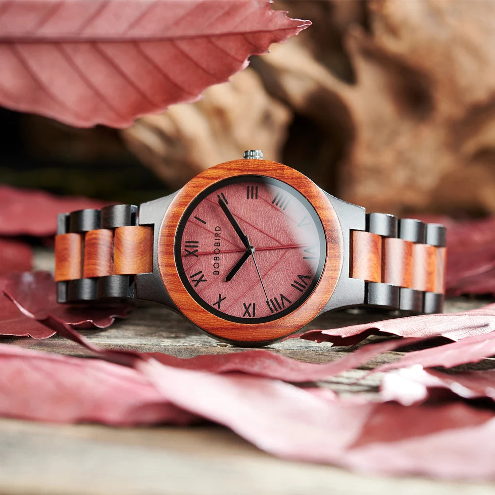 Unisex Wooden Watch With Leaf Dial Design - Classic Analog Quartz Movement Casual Dress Wristwatch for Men & Women