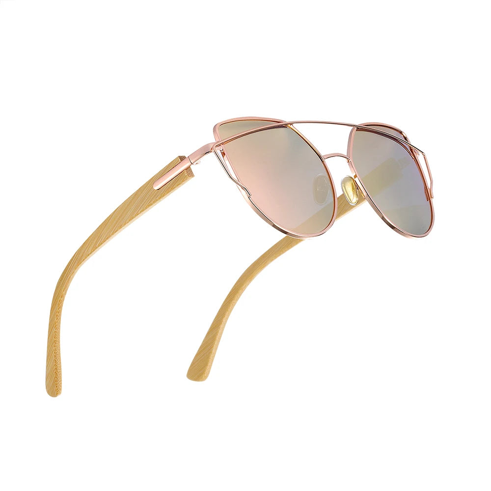 Women’s Sunglasses With Cat Eye Shaped Polarized Lenses - Stainless Steel Rims With Bamboo Legs