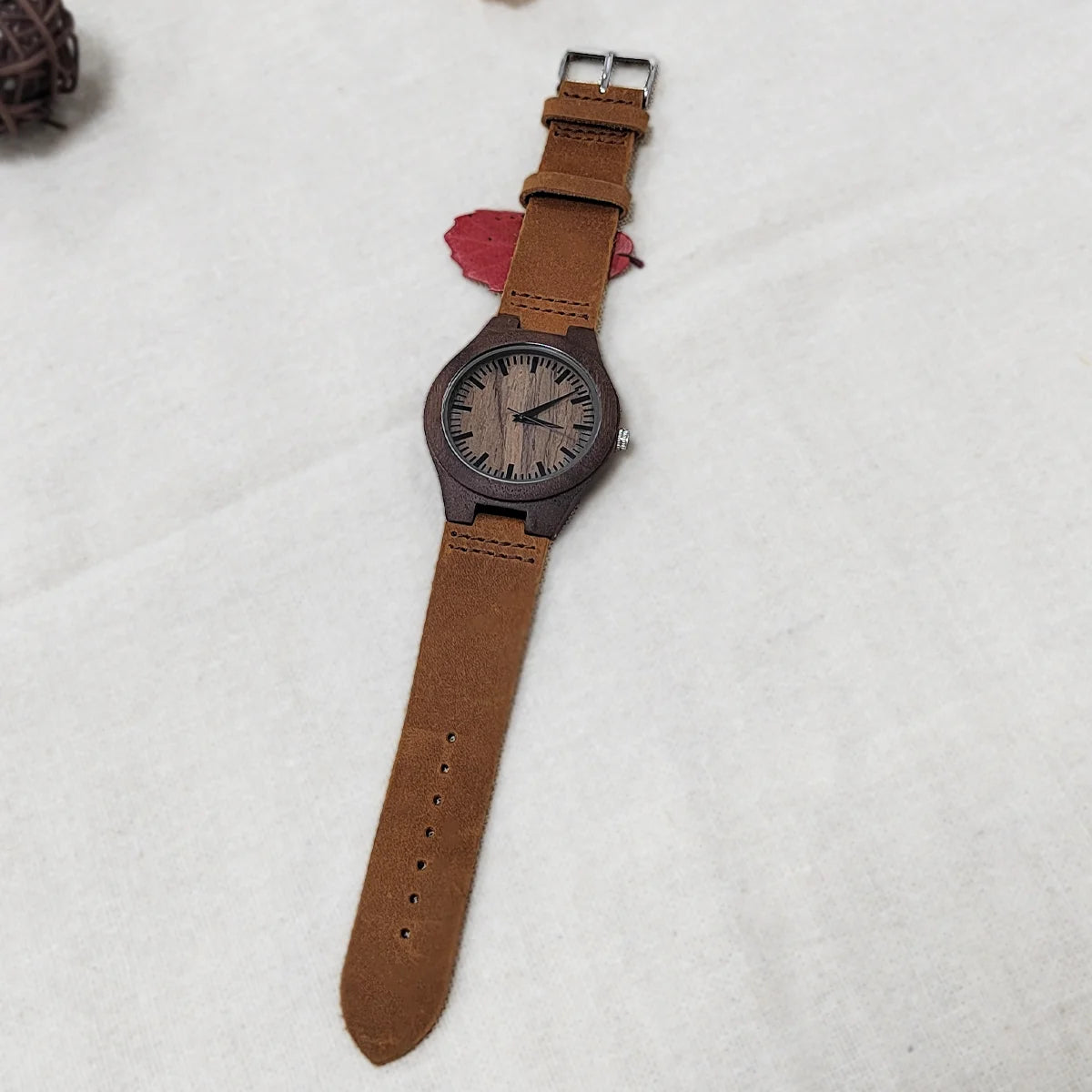 Unisex Classic Analog Face Wooden Wristwatch For Men or Women - Quartz Movement With Leather Strap